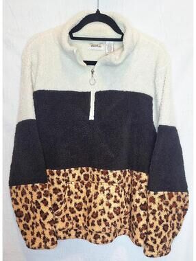 Le Moda Colorblock Leopard Sherpa Fleece Pullover - Cozy Teddy Quarter Zip - XXL